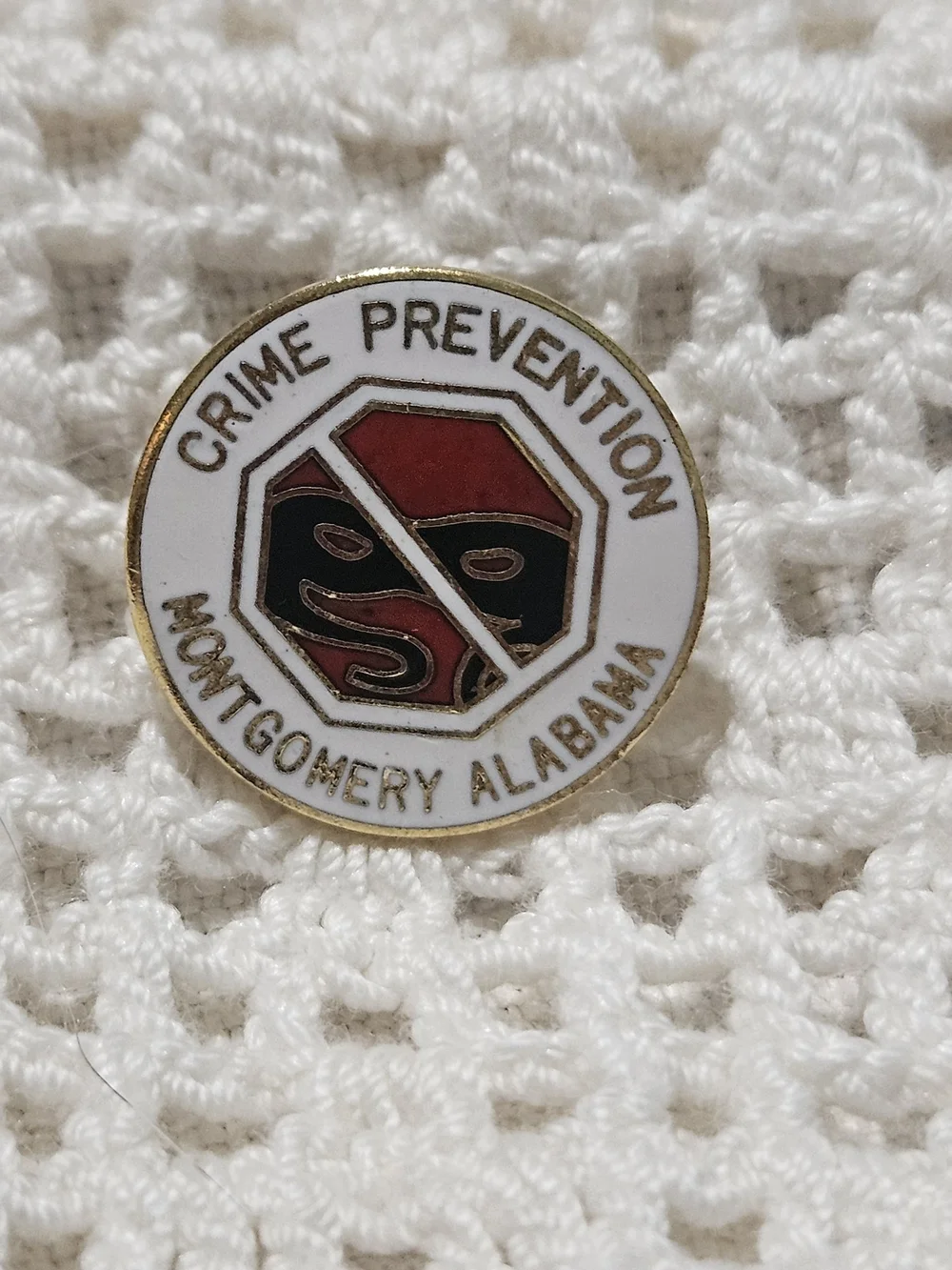 Crime Prevention Montgomery Alabama Enamel Pin - White, Red, Black, Gold
